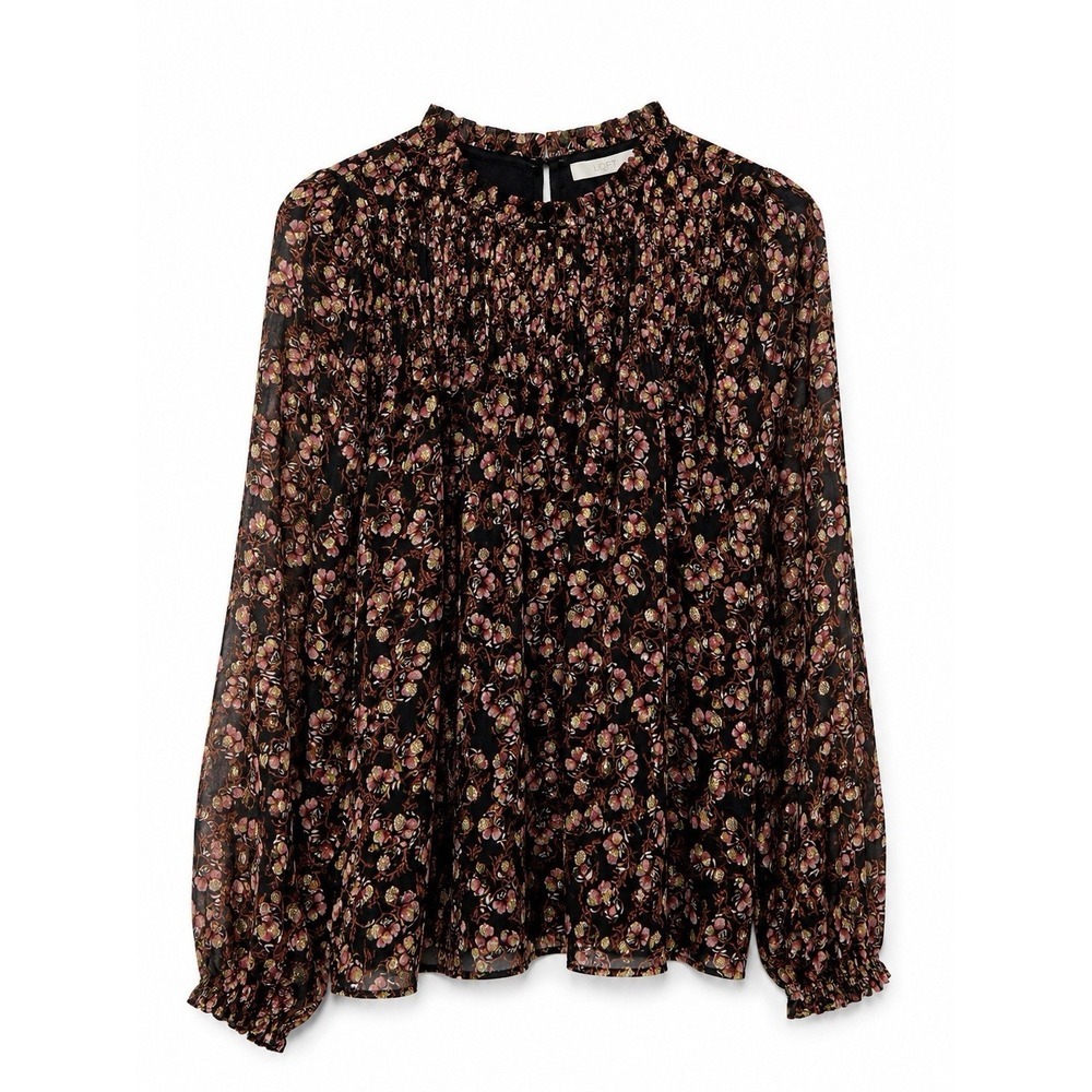 LOFT Floral Long Sleeve Pleated Mock Neck Blouse Women's Medium Black - Picture 5 of 7